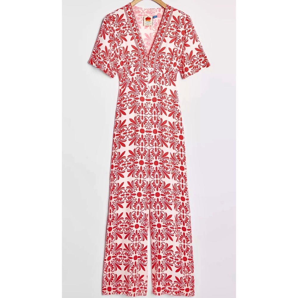 Farm Rio Carmina Button-Front Jumpsuit Linen Medium Anthropologie Wide Leg - Picture 2 of 8